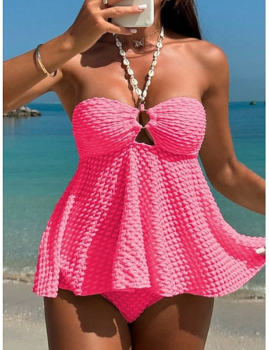 Tankini 2 Piece Swimsuit Underwire Cheeky Tummy Control High Waist Slim Strapless Backless Vacation Beach Wear Halter Neck Sleeveless Bathing Suits