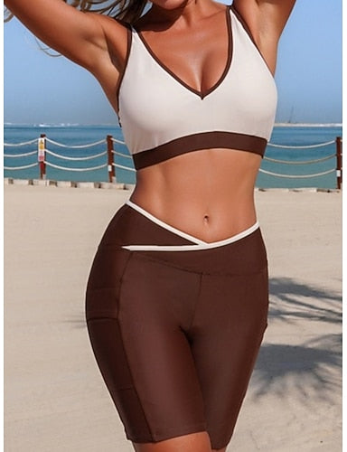 Swimwear Tankini 2 Piece Shorts Swimsuit Tummy Control High Waist Slim Backless Vacation Beach Wear Color V Neck Sleeveless Bathing Suits