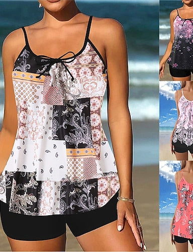Tankini 2 Piece Swimsuit Shorts Tummy Control High Waist Slim Backless Vacation Beach Wear Paisley U Neck Sleeveless Bathing Suits