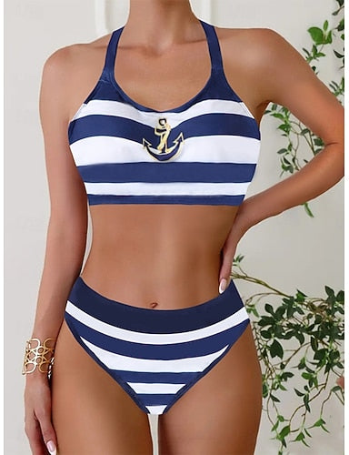 Bikini 2 Piece Swimsuit Colorblock Briefs Slim Backless Vacation Beach Wear Geometric Color Block Halter Neck Sleeveless Bathing Suits
