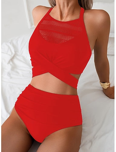Bikini 2 Piece Swimsuit Cutout Cheeky Tummy Control High Waist Slim Vacation Beach Wear Color V Neck Sleeveless Bathing Suits