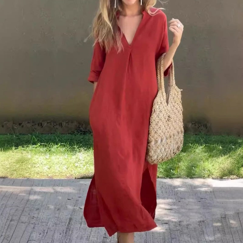 SL | Robe en lin avec décolleté en V et poche