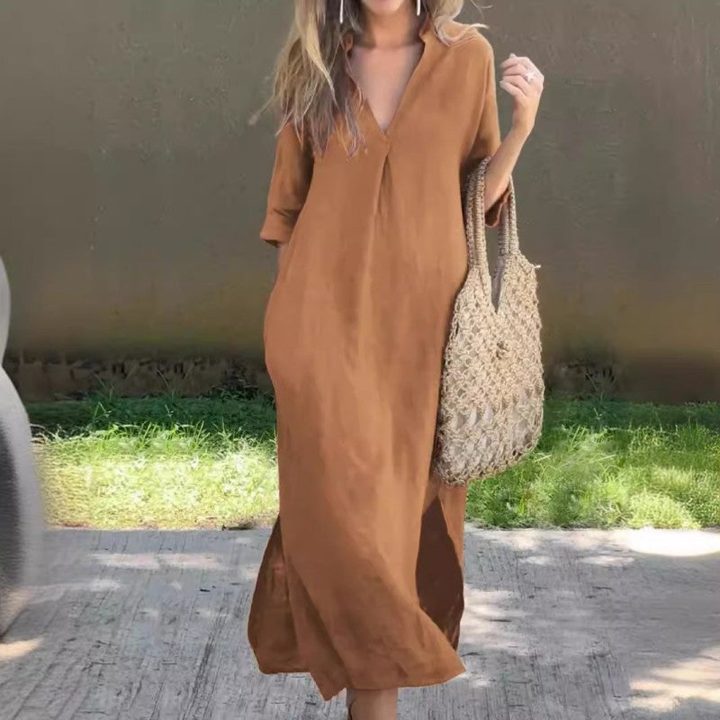 SL | Robe en lin avec décolleté en V et poche