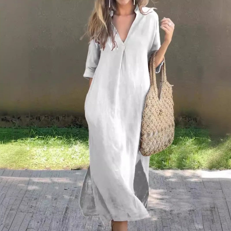 SL | Robe en lin avec décolleté en V et poche