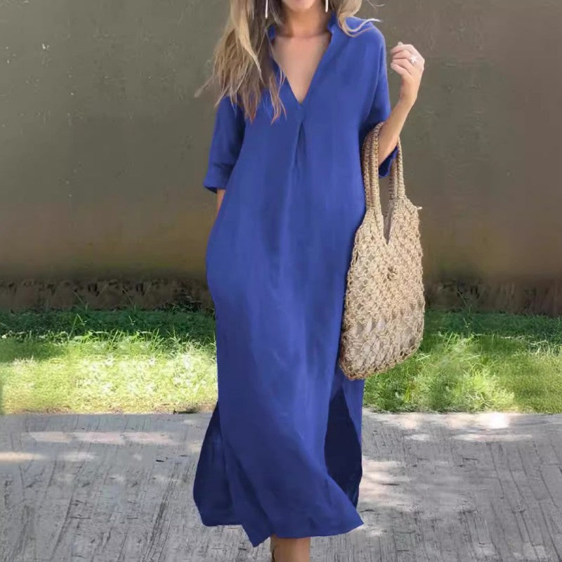 SL | Robe en lin avec décolleté en V et poche