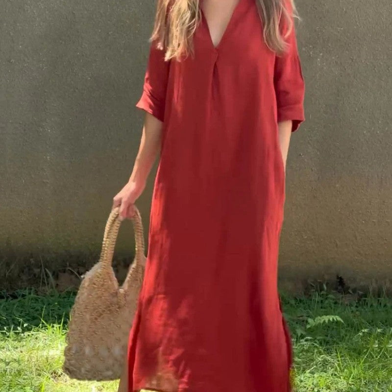 SL | Robe en lin avec décolleté en V et poche