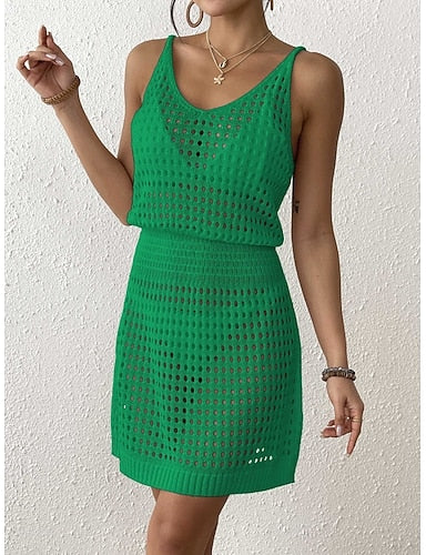 Cover Up Swimsuit Dress Knitted Vacation Beach Wear Color V Neck Sleeveless Bathing Suits