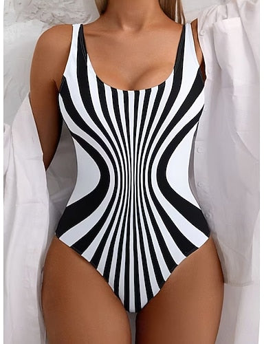 One Piece Swimsuit Slimming Colorblock Monokini Tummy Control High Waist Slim Backless Vacation Ombre Graphic U Neck Sleeveless Bathing Suits