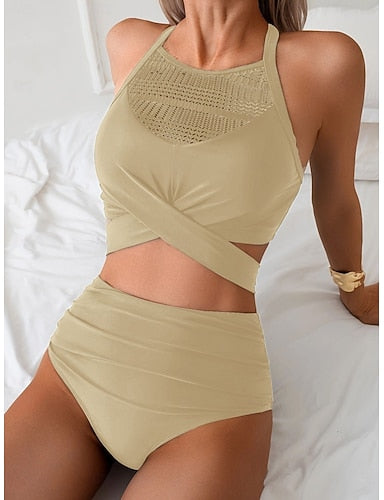 Bikini 2 Piece Swimsuit Cutout Cheeky Tummy Control High Waist Slim Vacation Beach Wear Color V Neck Sleeveless Bathing Suits