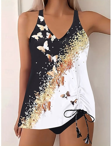 Tankini 2 Piece Swimsuit Cheeky Tummy Control High Waist Slim Backless Vacation Beach Wear Ombre Butterfly V Neck Sleeveless Bathing Suits