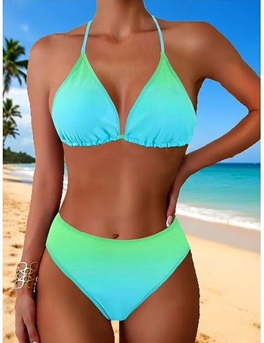 Bikini 2 Piece Swimsuit Briefs Tummy Control High Waist Slim Backless Vacation Beach Wear Ombre Halter Neck Sleeveless Bathing Suits