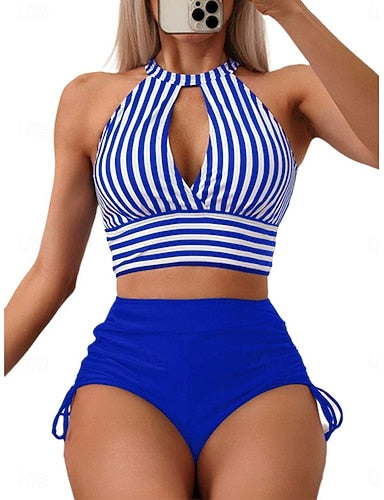 Bikini 2 Piece Swimsuit Colorblock Briefs Slim Backless Vacation Beach Wear Striped Halter Neck Sleeveless Bathing Suits