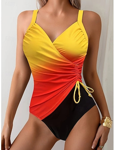 Swimwear One Piece Monokini Swimsuit Tummy Control High Waist Slim Backless Vacation Beach Wear Ombre V Neck Sleeveless Bathing Suits