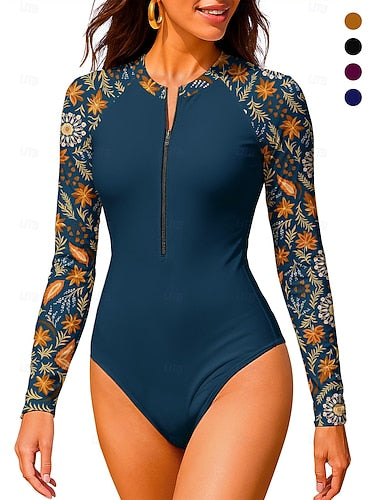 Regular Rash Guard Bathing Suit One Piece Swimsuit Paisley Tropical With Built in Bra Upf50+ Uv Protection Stretchy Long Sleeve Swimwear Bodysuit Surfing Beach Water Sports Summer
