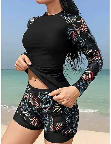 Tankini 2 Piece Swimsuit Palm High Waist Tummy Control High Waist Slim Vacation Beach Wear Leaves Round Neck Long Sleeve Bathing Suits
