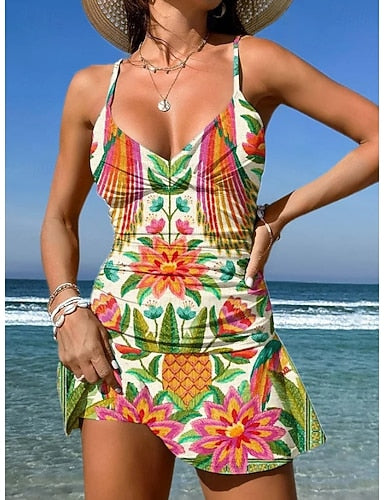 Swimwear One Piece Skirt Swimsuit Vacation Graphic Geometric V Neck Sleeveless Bathing Suits