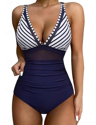 Swimwear One Piece Monokini Swimsuit Mesh Tummy Control High Waist Slim Backless Vacation Beach Wear Leopard Leaves V Neck Sleeveless Bathing Suits