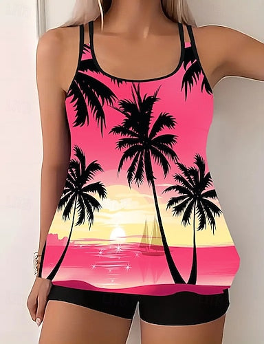 Swimwear 2 Piece Shorts Swimsuit Backless Vacation Beach Wear Graphic U Neck Sleeveless Bathing Suits