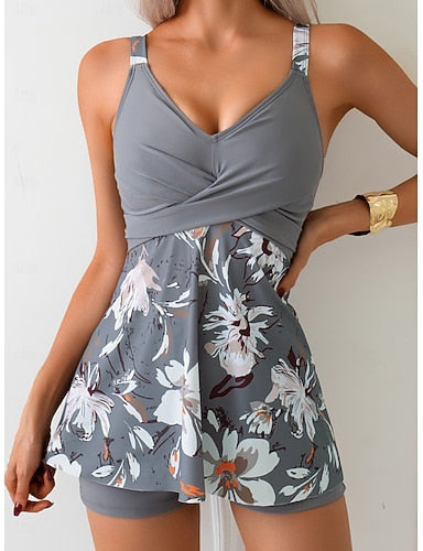 Tankini 2 Piece Swimsuit Boy Leg Tummy Control High Waist Slim Backless Vacation Beach Wear V Neck Sleeveless Bathing Suits