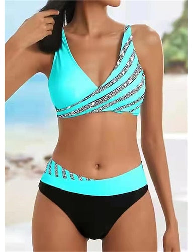 Normal Swimwear Bikini 2 Piece Cheeky Swimsuit Backless 2 Piece Push Up Printing Vacation Stylish Ombre Leaf V Wire Sleeveless Bathing Suits