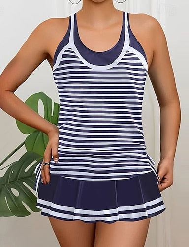 Swimwear 2 Piece Skirt Swimsuit Backless Vacation Beach Wear Graphic Round Neck Sleeveless Bathing Suits
