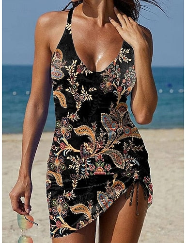 Swimwear Tankini Skirt Swimsuit Halter Vacation Graphic Plunge Sleeveless Bathing Suits