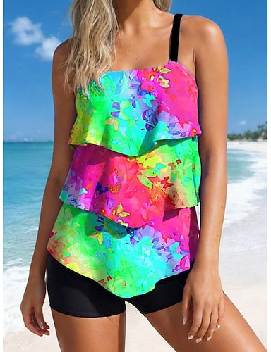 Tankini 2 Piece Swimsuit High Waist Ruffle Layered Backless Vacation Beach Wear Ombre Graphic U Neck Sleeveless Bathing Suits