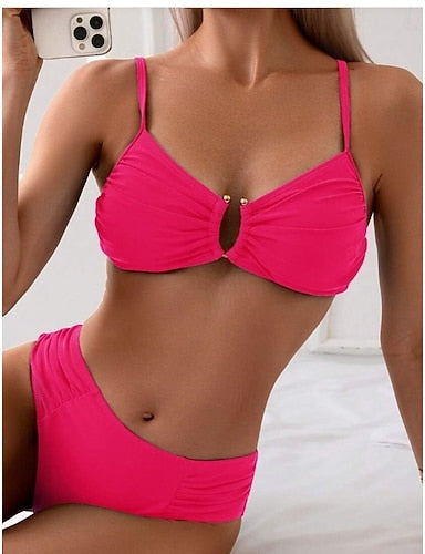 Bikini 2 Piece Swimsuit Ruched Underwire Cheeky Tummy Control High Waist Slim Backless Vacation Beach Wear Color V Neck Sleeveless Bathing Suits