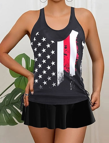 Swimwear 2 Piece Skirt Swimsuit Backless Vacation Beach Wear Graphic Round Neck Sleeveless Bathing Suits