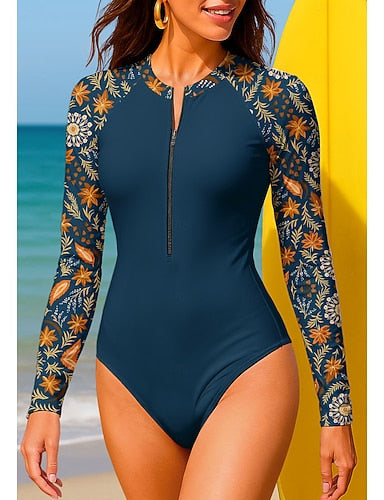 Regular Rash Guard Bathing Suit One Piece Swimsuit Paisley Tropical With Built in Bra Upf50+ Uv Protection Stretchy Long Sleeve Swimwear Bodysuit Surfing Beach Water Sports Summer