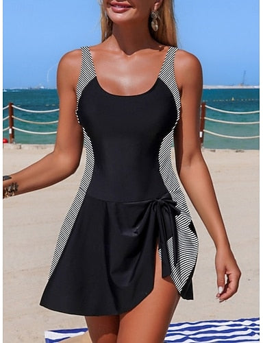 Swimwear One Piece Swim Dress Swimsuit Tummy Control High Waist Slim Backless Vacation Beach Wear Leopard Stripe Scoop Neck Sleeveless Bathing Suits