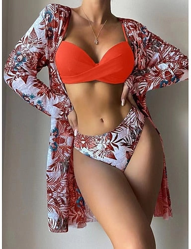 Swimwear Bikini Three Piece Cheeky Swimsuit Slim Backless Vacation Beach Wear Leaves Halter Neck Sleeveless Bathing Suits
