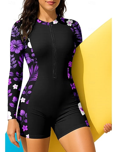 Rash Guard Bathing Suit Boyleg Zip Up Removable Pad Front Zip Uv Sun Protection Upf50+ Ultra Light (ul) Long Sleeve Swimwear Sun Shirt Surfing Beach Water Sports Summer