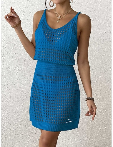 Cover Up Swimsuit Dress Knitted Vacation Beach Wear Color V Neck Sleeveless Bathing Suits
