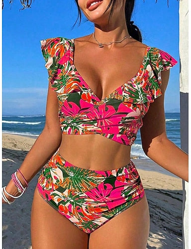 Swimwear Bikini 2 Piece High Waist Swimsuit Ruffle Slim Backless Vacation Beach Wear Tropical V Neck Sleeveless Bathing Suits