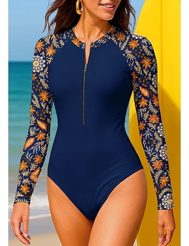 Regular Rash Guard Bathing Suit One Piece Swimsuit Paisley Tropical With Built in Bra Upf50+ Uv Protection Stretchy Long Sleeve Swimwear Bodysuit Surfing Beach Water Sports Summer