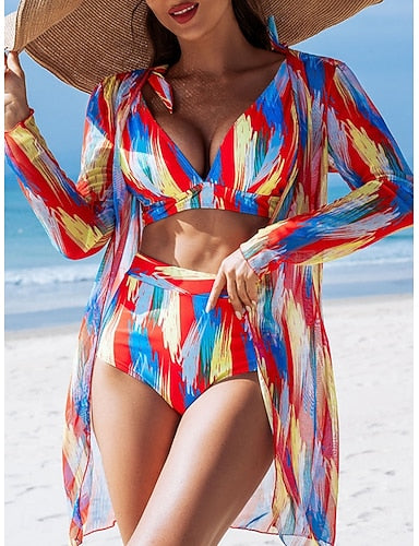 Bikini 3 Piece Swimsuit Shorts Slim Backless Vacation Beach Wear Color Block V Neck Sleeveless Bathing Suits
