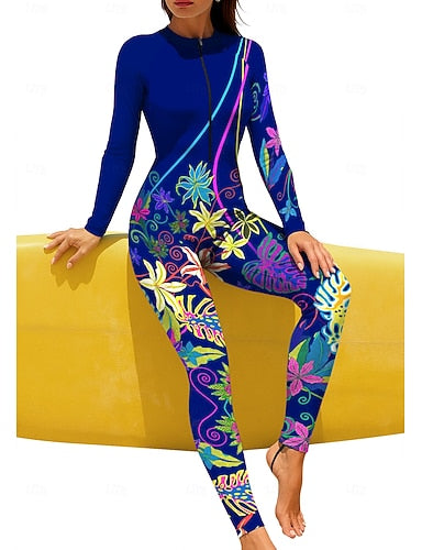 Regular Rash Guard Full Body Rash Guard Bathing Suit Tropical Color-blocking With Built in Bra Front Zip Uv Sun Protection Upf50+ Stretchy Full Body Swimwear Surfing Canoeing Beach