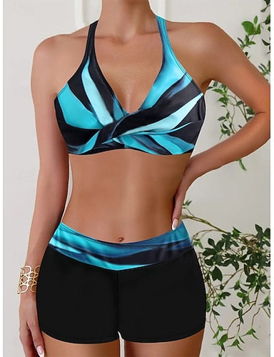 Bikini 2 Piece Swimsuit Cheeky Slim Backless Vacation Beach Wear Graphic Color Block Halter Neck Sleeveless Bathing Suits