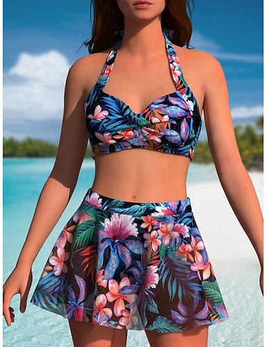 Swimwear Bikini 2 Piece Skirt Swimsuit Slim Backless Vacation Beach Wear Tropical Halter Neck Sleeveless Bathing Suits