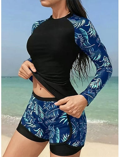 Tankini 2 Piece Swimsuit Palm High Waist Tummy Control High Waist Slim Vacation Beach Wear Leaves Round Neck Long Sleeve Bathing Suits