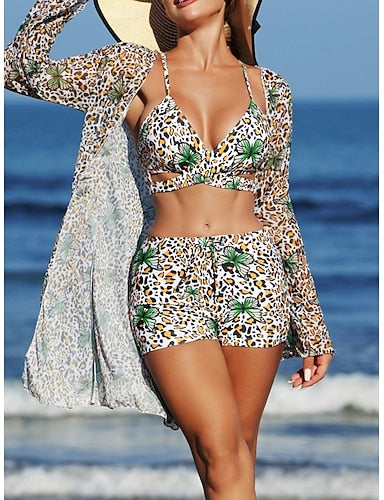 Bikini 3 Piece Swimsuit Shorts Slim Backless Vacation Beach Wear V Neck Sleeveless Bathing Suits