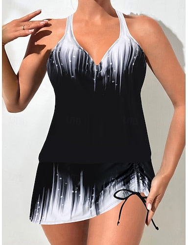 Tankini 2 Piece Swimsuit Skirt Tummy Control High Waist Slim Backless Vacation Beach Wear Ombre Halter Neck Sleeveless Bathing Suits