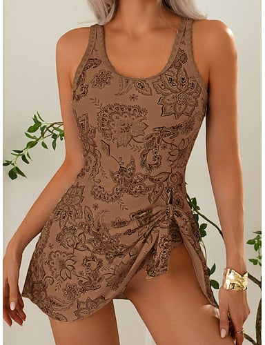 Swimwear One Piece Monokini Swim Dress High Waist Swimsuit Slim Backless Vacation Beach Wear Paisley Scoop Neck Sleeveless Bathing Suits