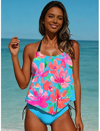 Swimwear Tankini 2 Piece Briefs Swimsuit Backless Vacation Beach Wear Graphic Halter Neck Sleeveless Bathing Suits