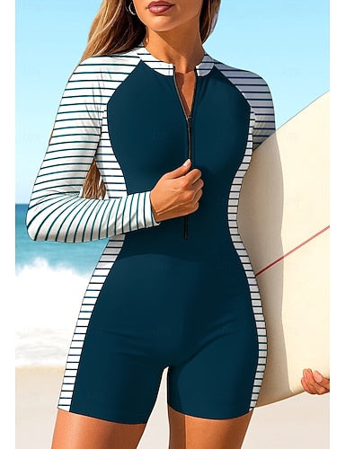 Rash Guard One Piece Surfing Suit Bathing Suit Geometric Stripes Color-blocking Zip Up With Built in Bra Removable Pad Uv Sun Protection Upf50+ Ultra Light (ul) Long Sleeve Swimwear Sun Shirt