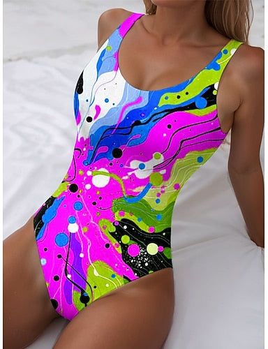 One Piece Swimsuit Slimming Beach Wear Summer Graphic Geometric U Neck Sleeveless Bathing Suits