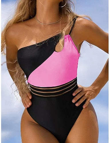 Swimwear One Piece Monokini Swimsuit Mesh Tummy Control High Waist Slim Backless Vacation Beach Wear Color Block Sleeveless Bathing Suits