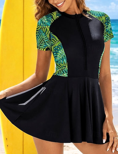 Rash Guard Bathing Suit One Pieces Tropical Zip Up Uv Protection Elastic Short Sleeve Swimwear Swimsuit Surfing Scuba Swimming Summer