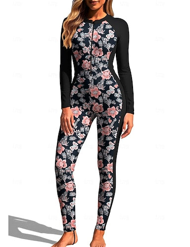 Rash Guard Full Body Rash Guard One Piece Surfing Suit Tropical Zip Up With Built in Bra Front Zip Uv Sun Protection Full Coverage Upf50+ Long Sleeve Full Body Swimwear Bodysuit